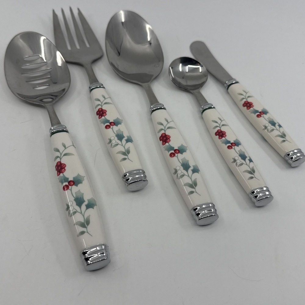 Pfaltzgraff Winterberry Hostess Serving Utensil Set 5 Pc White Handle Holly Berr
